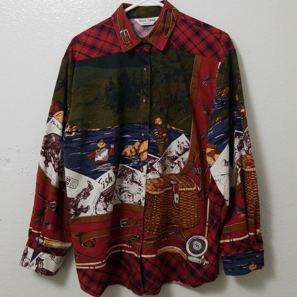 Vintage Sharon Young Red Fish and Stream Shirt